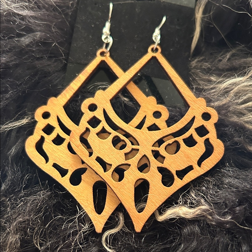 Artisan Wooden Drop Earrings - Picture 2 of 4